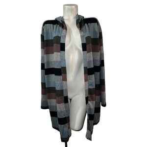 Tru Self Womens Striped Hooded Open Cardigan Blue Grey Burgundy Size 3X NEW